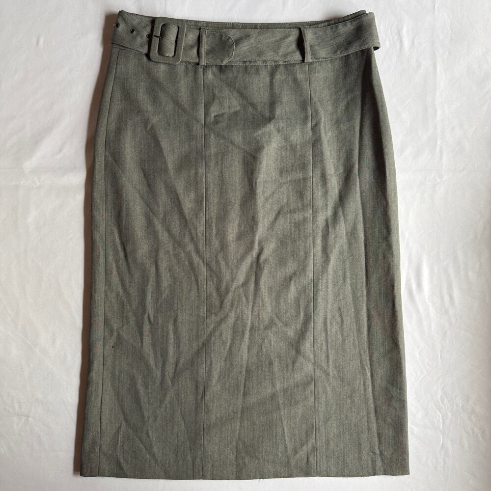 Suzy Shier Grey Belted Pencil Midi Skirt Sz 5/6 Office Siren Corporate Chic Y2K